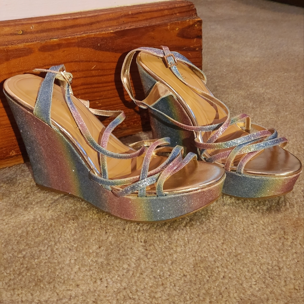 Sparkly rainbow strappy wedges